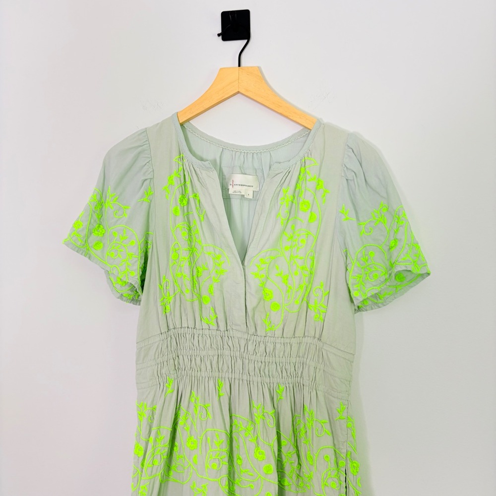 Anthropologie Somerset Mini Dress Embroidered Linen Mint Green Neon Floral Sz S - Picture 3 of 9